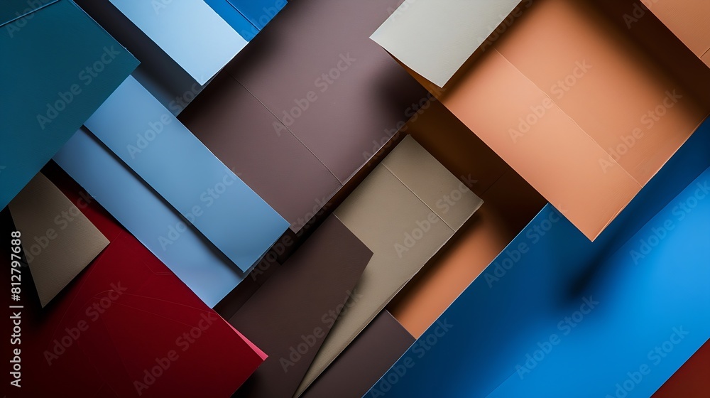 Aufkleber from above layout of colorful cardboard sheets in brown grey and blue shades : generative ai