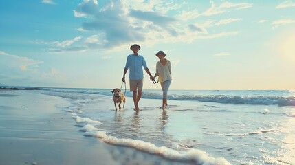 Happy couple holding hands and at the beach with a dog in summer for retirement travel in Indonesia Smile playful and an elderly man and woman on a walk at the sea with a pet for play  : Generative AI