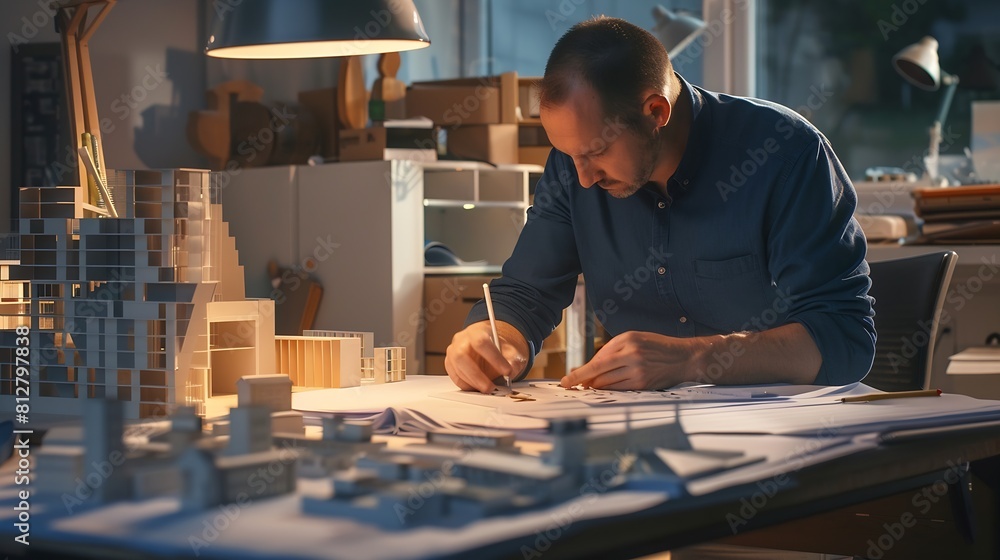 Poster Man architect working in office on creation of new residential complex designing layout of buildings : Generative AI
