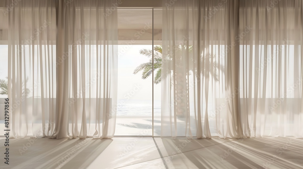 Poster empty room in luxury summer beach house with sea view behind curtains tropical architecture interior