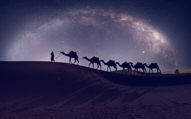 Camel caravan in the desert with milky way galaxy -  Sahara, Morrocco 