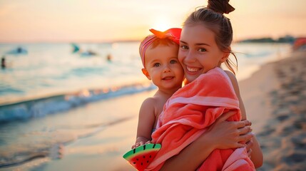 happy modern mother and child in swimwear on the seashore in the evening having fun time wrapped in watermelon towel minimal to no crowd peace Fun beachfriendly activities for the whol : Generative AI - Powered by Adobe
