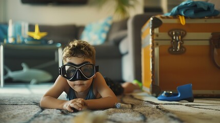 young caucasian boy wearing diving mask and swimming equipment laying on floor in living room while his mother preparing suitcase for summer vacation : Generative AI - Powered by Adobe