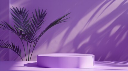 Empty podium or stand for product showcase plant and shadow on violet background : Generative AI