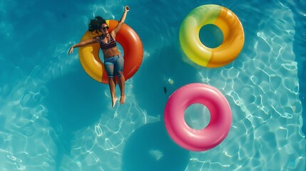 AERIAL Cheerful fit people on summer vacation enjoying on fun inflatable floats : Generative AI