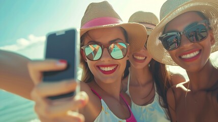 summer vacation travel technology and people concept  group of smiling women in sunglasses and hats making selfie with smartphone on beach : Generative AI - Powered by Adobe