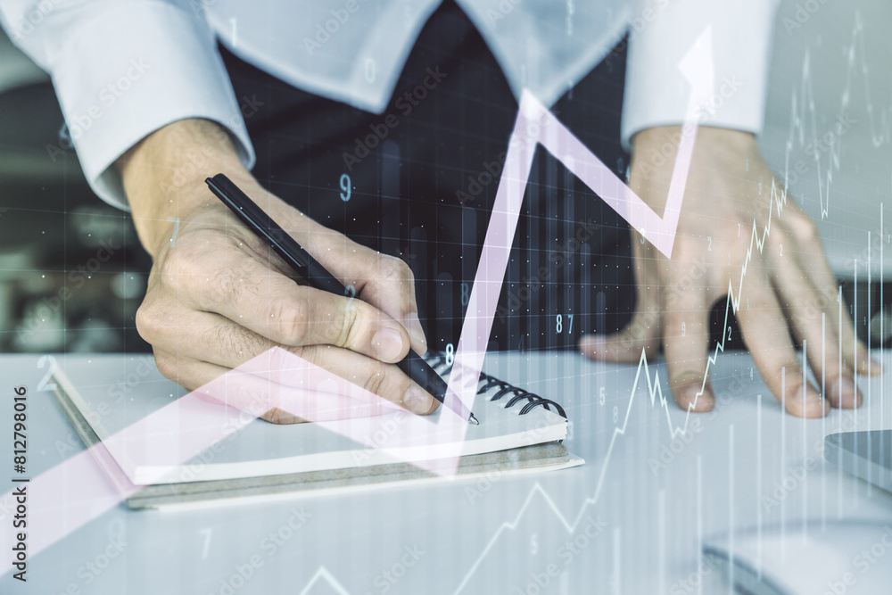 Poster multi exposure of abstract creative financial chart with upward arrow and hand writing in notebook o
