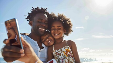 Happy african american young woman taking selfie with man son daughter over smartphone at beach nature summer technology unaltered childhood family togetherness enjoyment holiday : Generative AI - Powered by Adobe