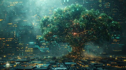 Green Tree on Electronic Circuit Board, Conceptual Eco-Tech Image