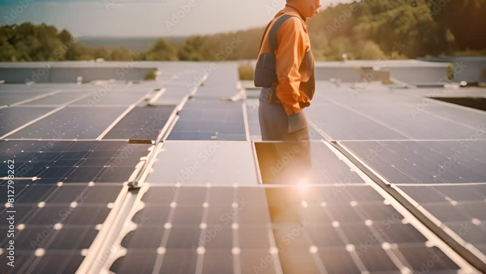 Poster man installing solar panels on roof generative ai