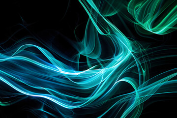Abstract neon lines in fluid motion. Cool blue and green colors on black background.