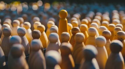 Obraz premium Thinking outside the box. Individual approach. Leadership and individuality. Wooden person figure stands out from crowd.