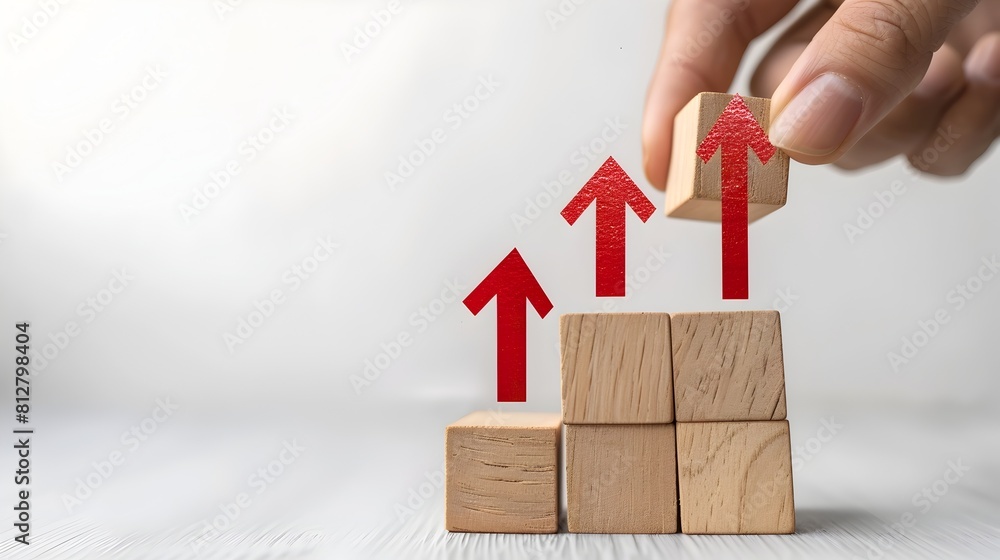 Poster wooden blocks with upward red arrows and graph bar chart on white background for business growth
