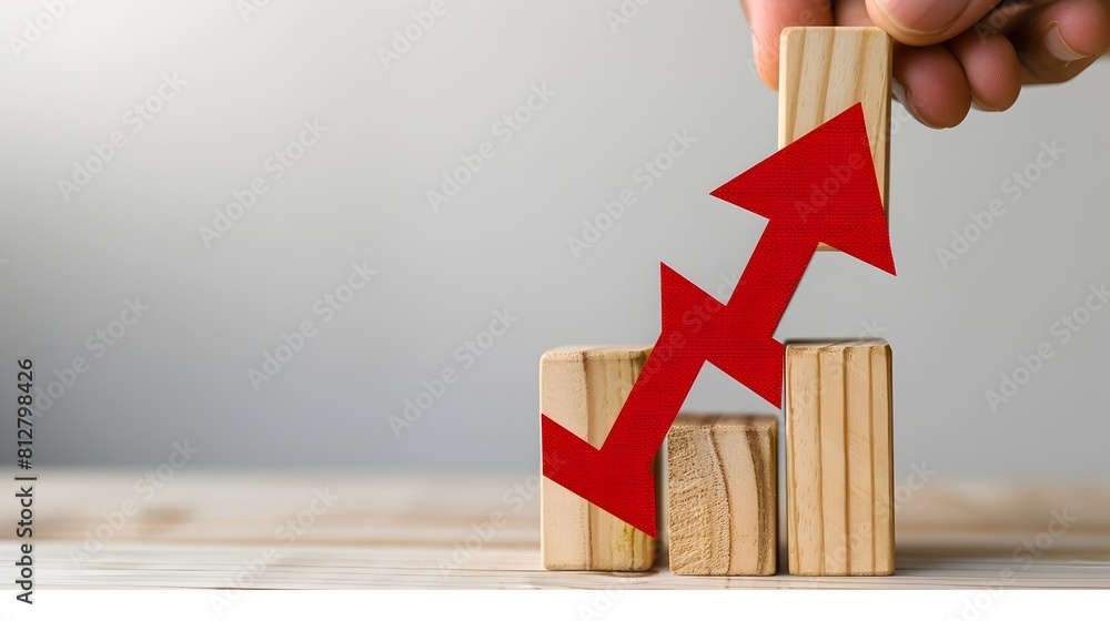 Poster wooden blocks with red arrow and graph bar showing business growth concept on white background