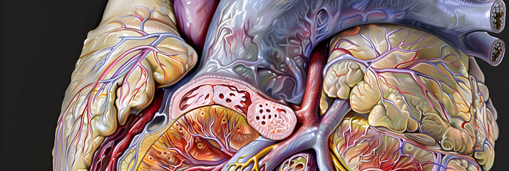 Comprehensive Cross-Section Illustration of Human Heart Demonstrating its Function and Blood Flow