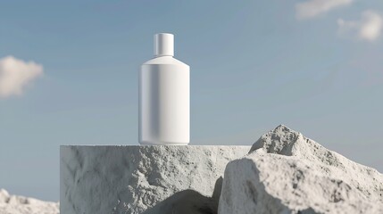 Front view of a white cosmetic bottle without label displayed on gray stone podium Sand texture and blue sky background Mockup scene for advertising cosmetic space for design : Generative AI