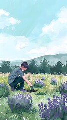 Gardener Admiring Blooming Lavender Field in Serene Mountain Landscape