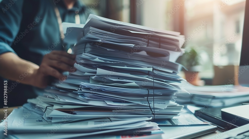 Poster pile of presentation brochure document concept businessman hands working in business documents on st