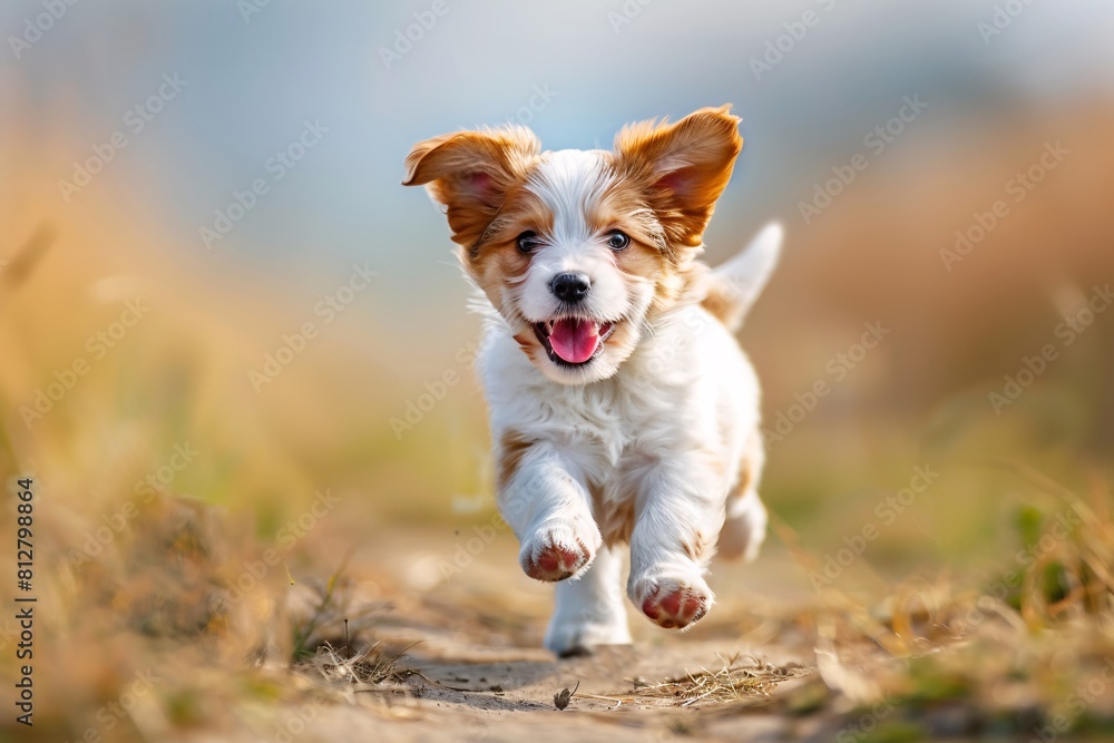 Poster charming puppy running in a field