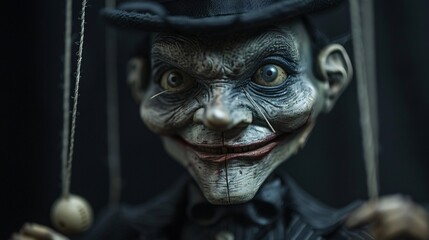 Creepy Clown Doll with Detachable Puppet Hands, Set Against Gothic Backdrop