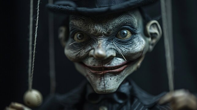 Creepy Clown Doll with Detachable Puppet Hands, Set Against Gothic Backdrop
