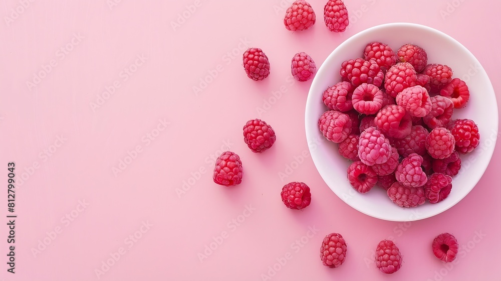 Aufkleber fresh raspberries in white bowl on pastel pink background flat lay top view copy space : generative 