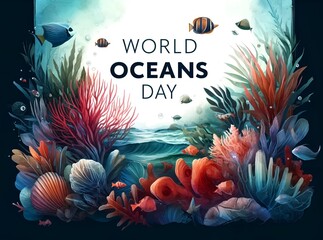 Watercolor illustration for world oceans day with beautiful ocean life.