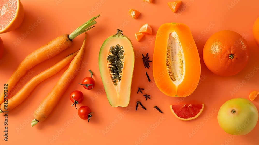 Aufkleber creative layout made of carrot papaya orange grapefruit apricot melon tangerine curcuma and pepper o