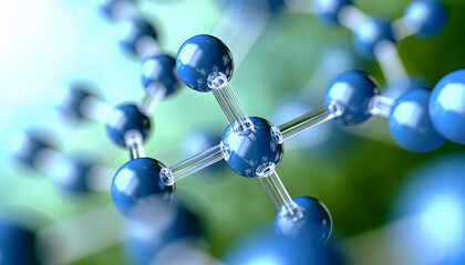 A molecule model, focusing on its spherical atoms and connecting bonds, the atoms are rendered in blue tones