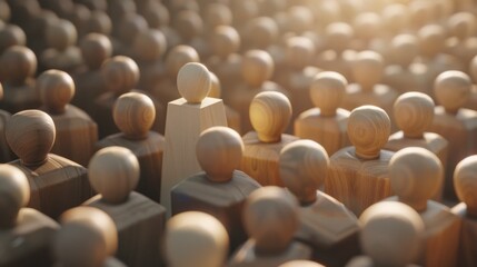 Obraz premium Thinking outside the box. Individual approach. Leadership and individuality. Wooden person figure stands out from crowd.
