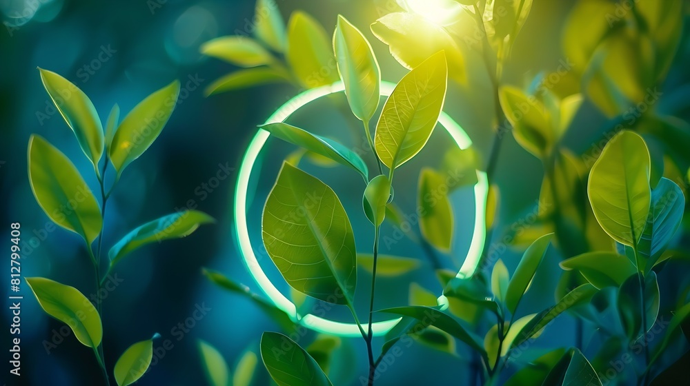 Poster beautiful and fresh green leaves with circle neon light creative nature background image for seasona