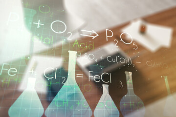 Creative chemistry illustration and modern desktop with pc on background, science and research...