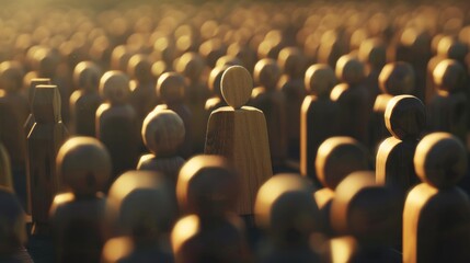 Fototapeta premium Thinking outside the box. Individual approach. Leadership and individuality. Wooden person figure stands out from crowd.