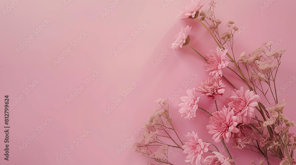 Aufkleber flowers composition creative pink flowers empty paper on pastel pink background flat lay top view co