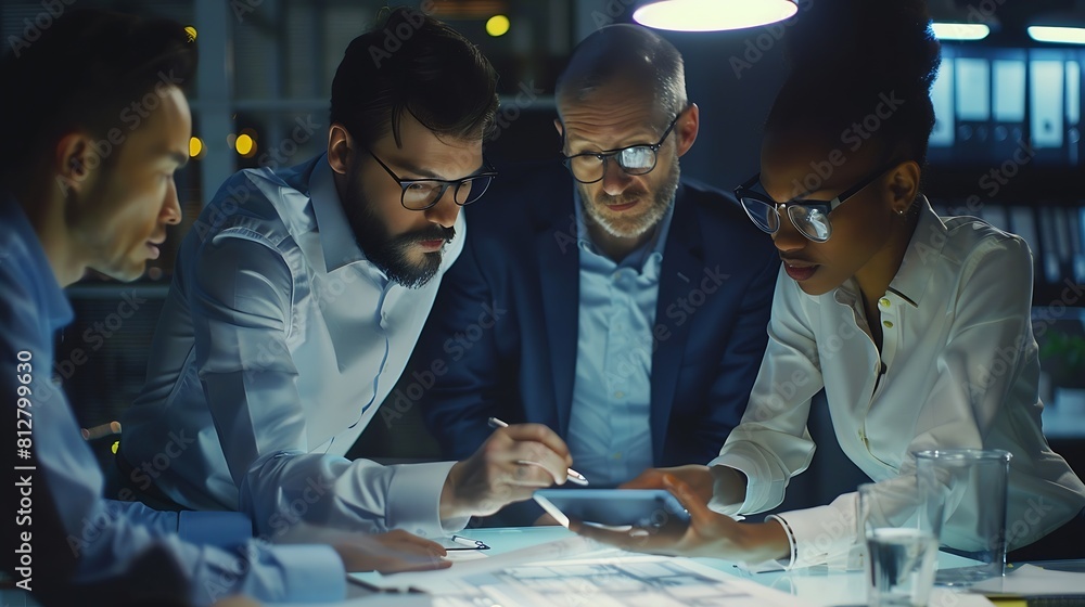 Leinwandbilder Engineers discuss a blueprint while checking information on a tablet computer in a office : Generative AI