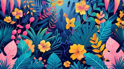 Obraz premium Lush flora and structured patterns converge in a lively. Vibrant tropical flora in artistic illustrations perfect for design projects