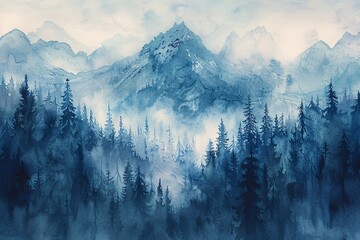 Serene Mountains with Foggy Forest in a Watercolor-inspired Landscape