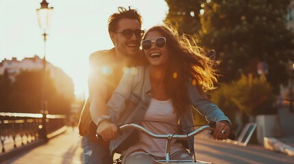 Happy adult people cheerful couple enjoy the outdoor leisure activity riding a bike together man carrying woman and laugh a lot in friendship and relationship  active youthful persons : Generative AI