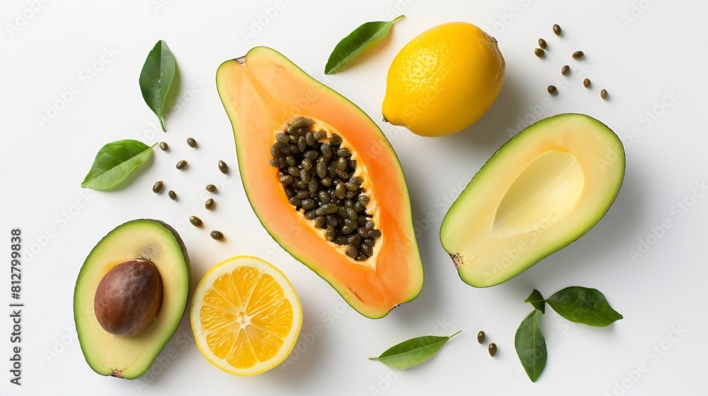 Poster creative layout made of papaya avocado and lemon on the white background flat lay food concept : gen