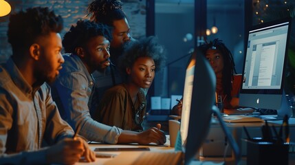 diverse team of professionals engaged in a website graphic design board meeting sharing opinions on UX and UI design elements Asian man African American people black afro caucasian fem : Generative AI