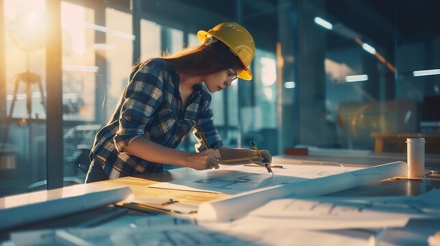 business architecture building and construction concept  architect woman with compass measuring blueprint of living house at office : Generative AI