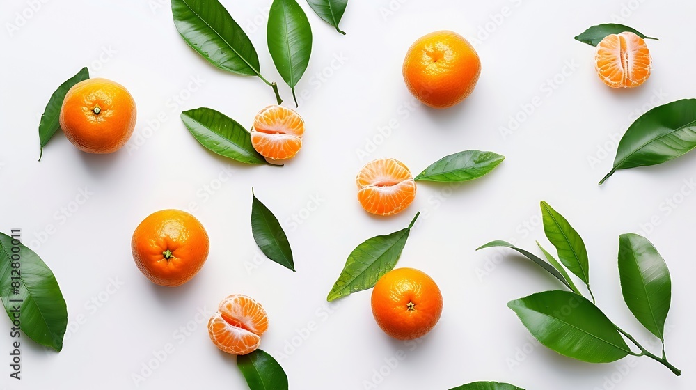 Poster fresh clementine fruit with leaves creative layout isolated on white background healthy eating and f