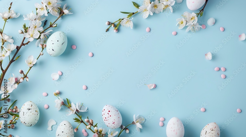 Poster easter composition easter eggs flowers paper blank on pastel blue background flat lay top view copy 
