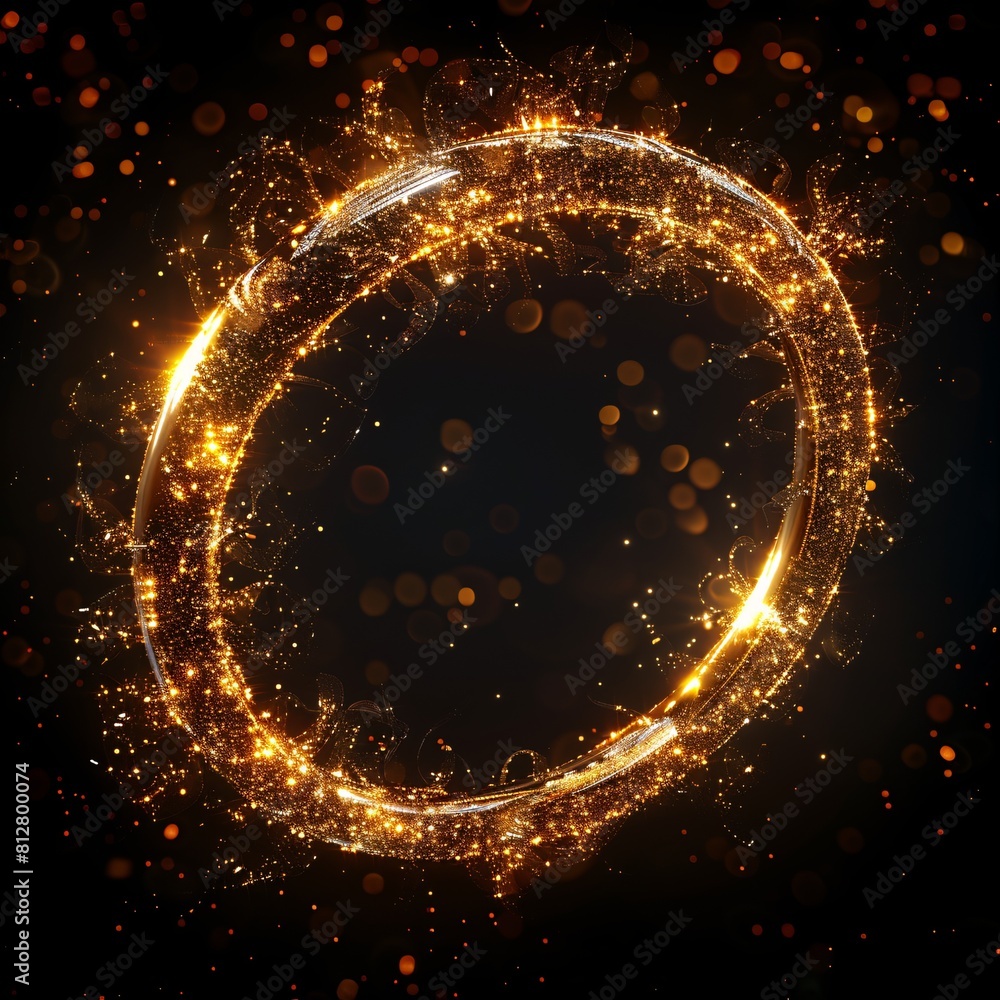 Poster futuristic ai tech concept: glowing circular ring surrounded by sparkling digital particles