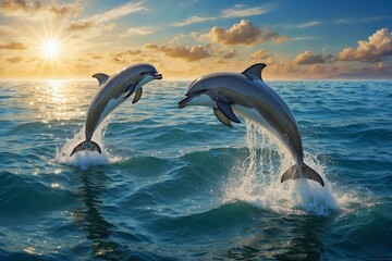 Obraz premium Two dolphins jumping out of the water in the ocean
