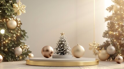 Christmas mock up with Christmas ornaments and trees for design Christmas template with podium for product presentation : Generative AI