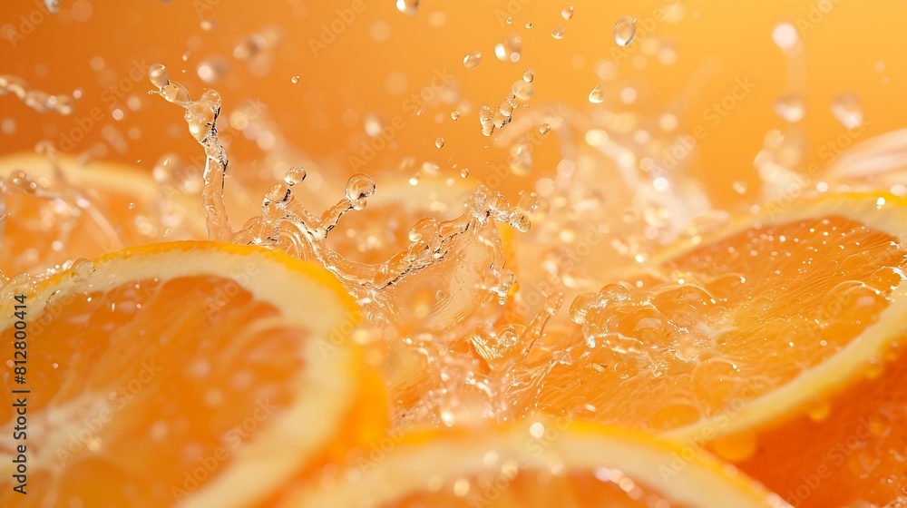 Poster Creative layout made from Fresh Sliced oranges and Orange fruit and water Splashing on a orange background : Generative AI