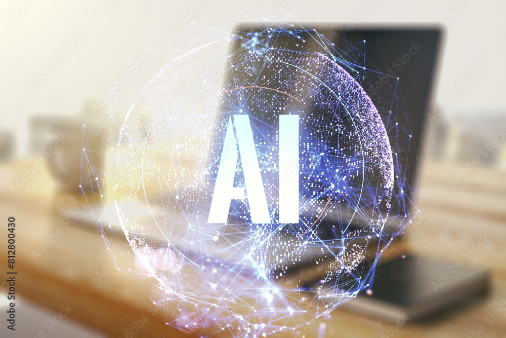Poster creative artificial intelligence symbol concept and modern desktop with pc on background. double exp