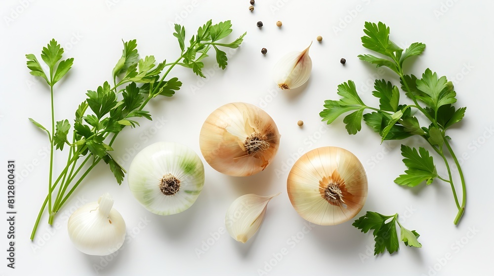 Aufkleber onion bulbs and parsley leaf composition and creative layout isolated on white background healthy ea