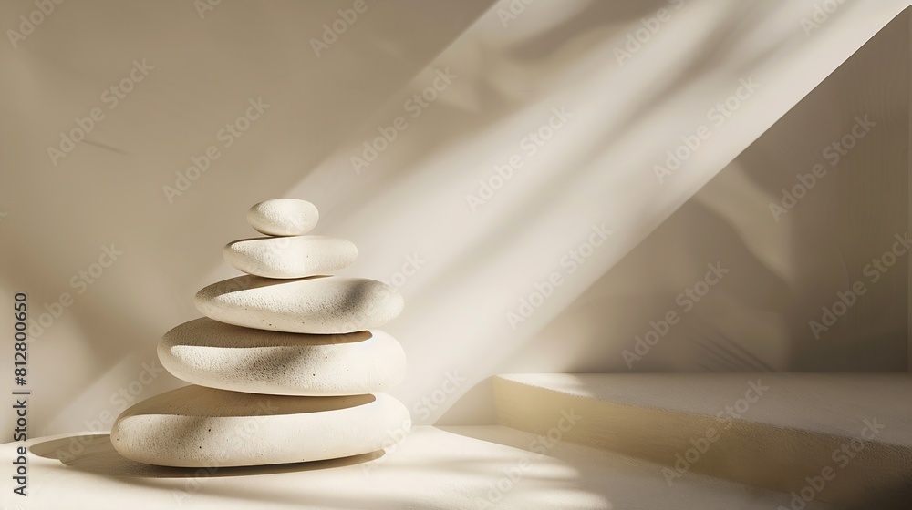 Aufkleber Empty stack of stones platform podium on beige light and shadow reflection wall background Minimal display product presentation scene : Generative AI